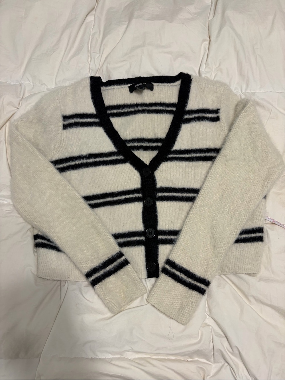 Forever 21 Cream and Black Striped V-Neck Button Cardigan